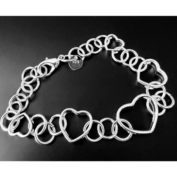 925 Sterling Silver Sterling Silver Open Heart Link Bracelet for Women 20CM 6-8” - Picture 3 of 5